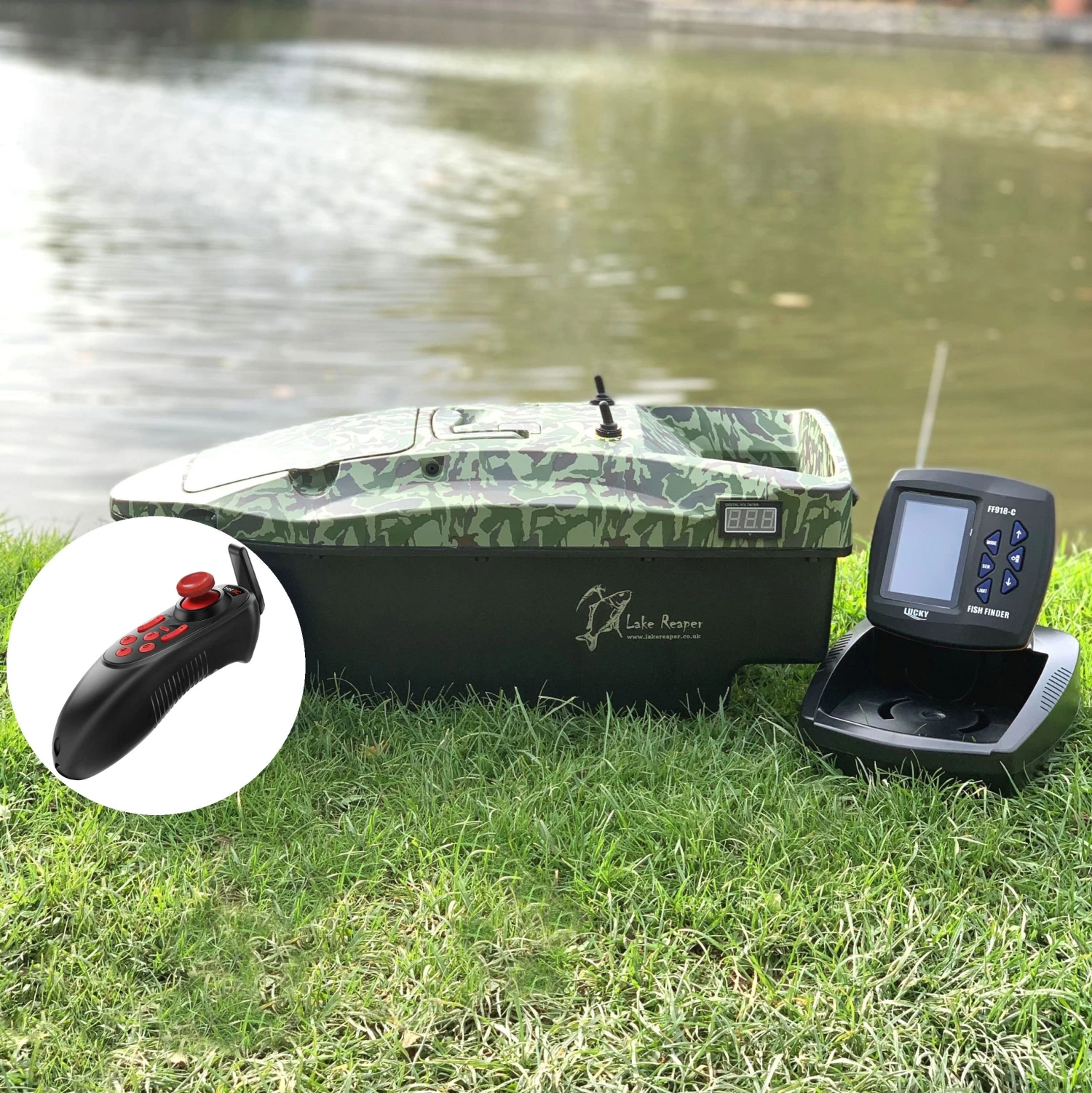 Lake Reaper Bait Boat With Fish Finder & Single Handed Control – Camouflage - Image 2