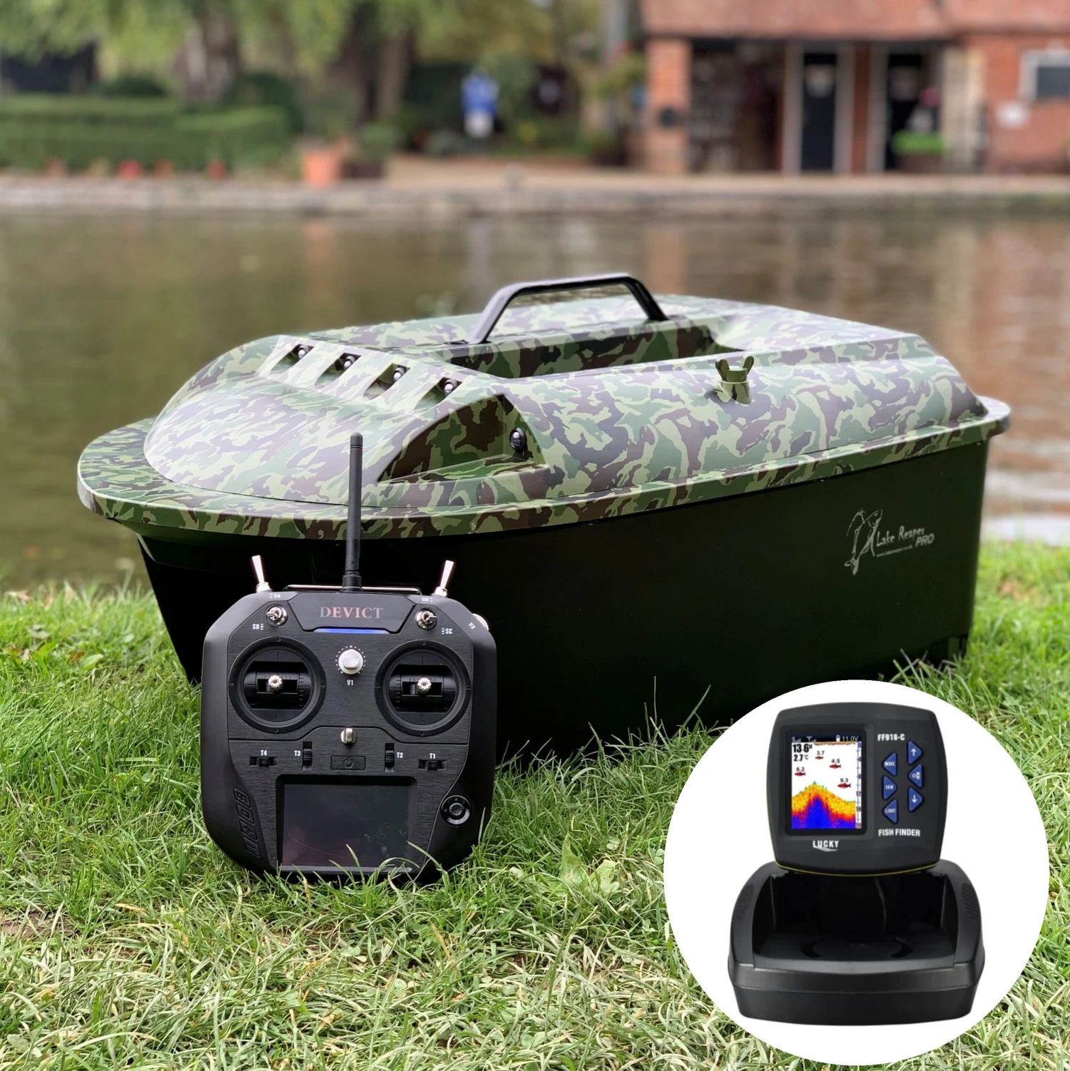 Lake Reaper Pro Bait Boat In Camouflage With Coloured Screen Fish Finder – Pre Order